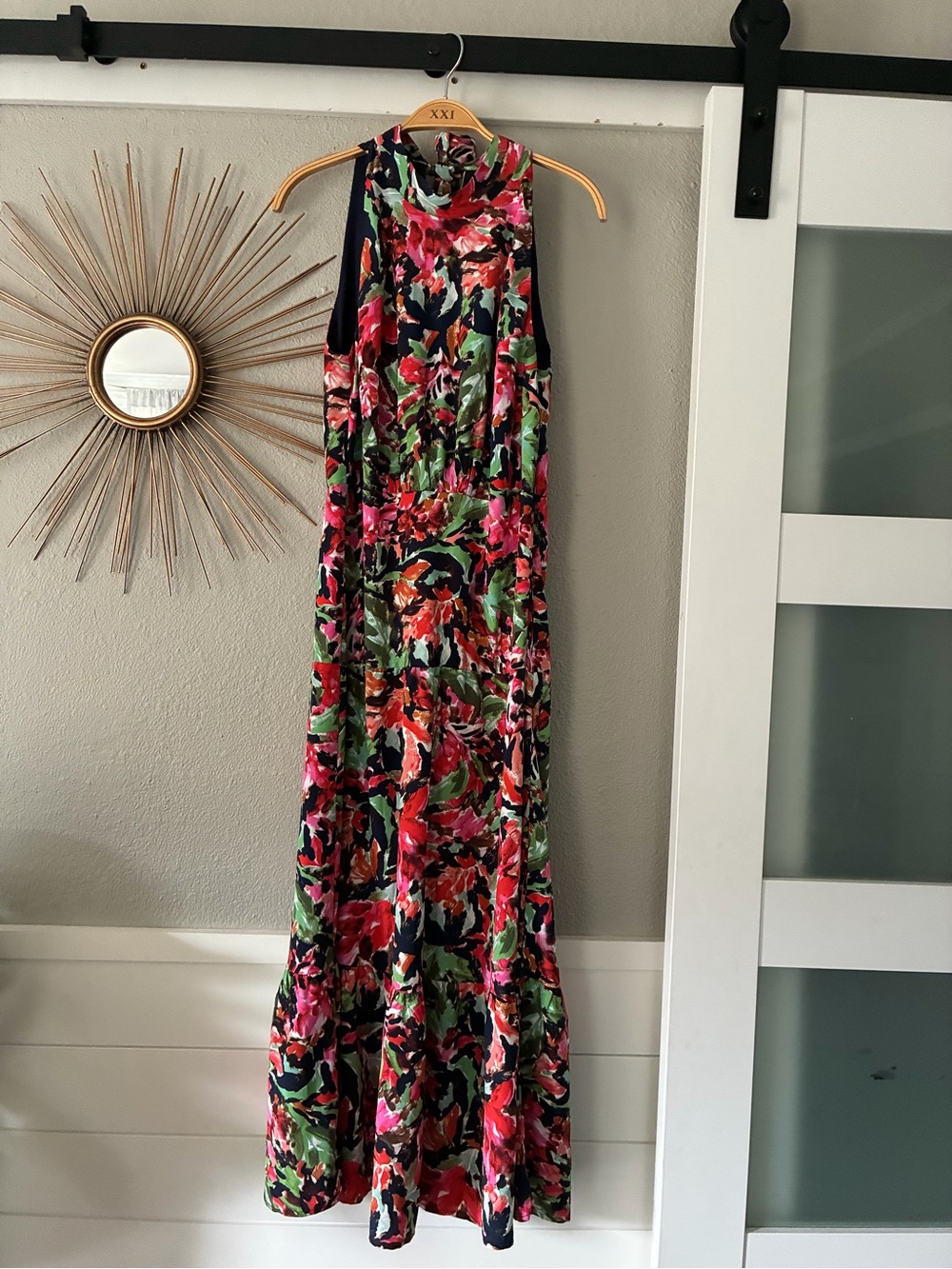 Sam Edelman Floral Halter Maxi Dress - Red, Pink, Green on Navy